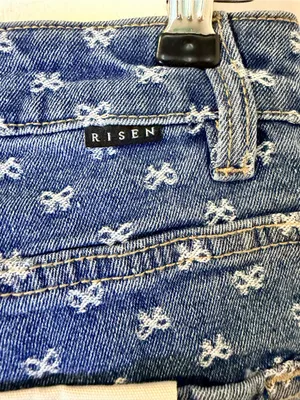 Risen Jeans 5/27 Wide Leg Blue Denim White Bow Embroidery NWT thumbnail 5