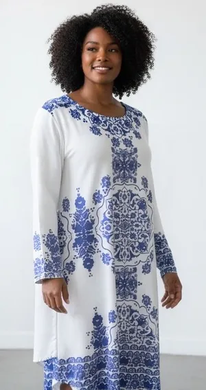 White Long-Sleeve Porcelain Style Baroque & Mandala Printed Tunic Dress thumbnail 1