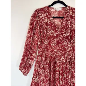 En Saison Womens Dress Red Maxi V Neck Floral Puff Sleeve Pleated Fairycore XS thumbnail 8