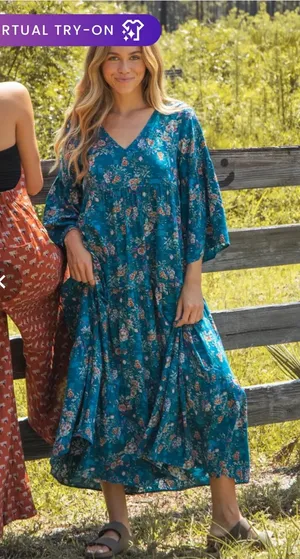 Natural Life Charlotte RayonTiered Midi Dress Teal Floral XS thumbnail 1