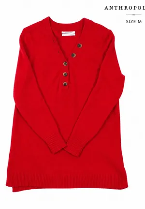 Anthropologie Red Button Front Tunic Sweater Womens M Long Sleeve Knit Top thumbnail 1