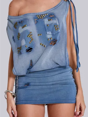 JADED LONDON Route 66 Distressed Backless Studded Dress, Blue, 6 (US) thumbnail 1