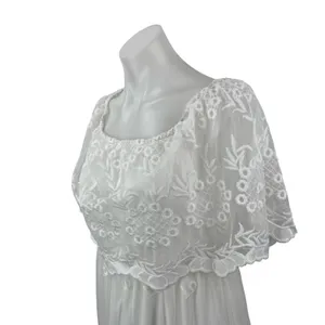 Womens White Embroidered Sheer Mesh Tiered Half Sleeve A Line Maxi Dress Size S thumbnail 3