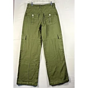 Forever 21 Green Khaki Cargo Casual Pants pockets wide leg‎ travel 26 NWOT thumbnail 2