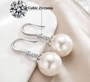 925 Silver Plated White Pearl Dangle Drop Earrings for Women thumbnail 2