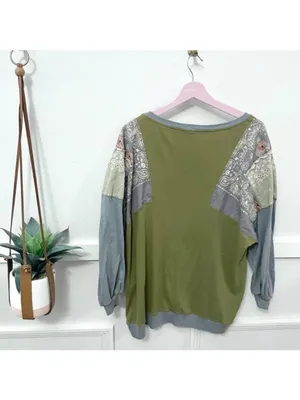 Free People We The Free Feelin It Tee Army Combo Patchwork Boho Oversize Top XS thumbnail 7