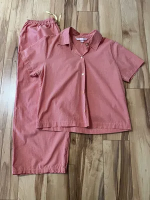 Victorias Secret Pajama Set Medium Orange Yellow Gingham Check Top & Crop Bottom thumbnail 1