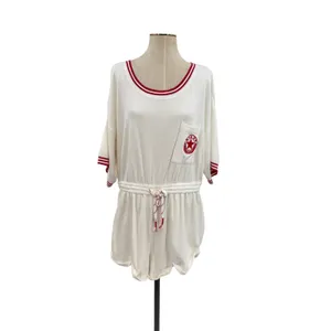 Anthropologie Waffle Knit Romper Varsity Stripe Deep V‎ Back White Red Large thumbnail 3