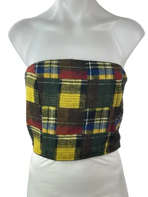 Motel Women's Multicolor Plaid Strapless Tube Bandeau Lace Up Crop Top Size M thumbnail 1