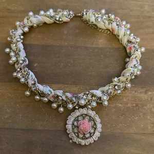 Pearls and rhinestones floral braided ribbon pendant necklace thumbnail 3