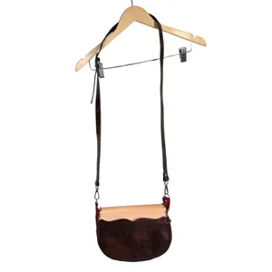Handcrafted Tooled Leather Feather‎ Crossbody Bag Red Tan Whipstitch Boho Purse thumbnail 2