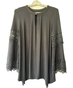 Black Boho‎ Bell Sleeve Tunic Top Lace Trim Flowy Romantic Western Witchy M thumbnail 1