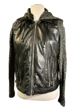 J2 Womens XL Black Faux Leather Mixed Media Moto Jacket Gray Knit Hood Sleeves⁠ thumbnail 1