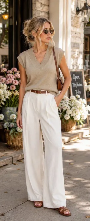 J.ING Beige V Neck Sweater Vest Sleeveless Knit Preppy Minimalist Pullover thumbnail 1