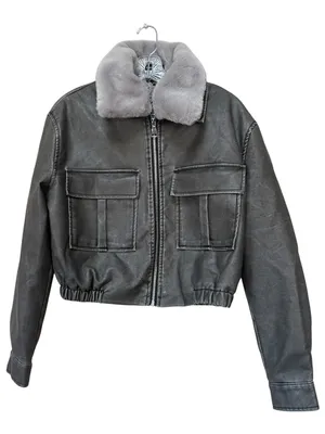 New Look Gray Faux Leather Aviator Jacket Fur Collar Y2K Cropped Moto thumbnail 1