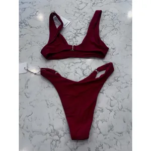 NWT Quince Cherry Red Italian Plunge Bikini Top & Ring High Leg Bottoms Set XS thumbnail 2