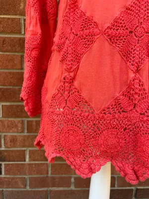 FreePeople 3/4 sleeve crochet top with intricate detailing thumbnail 3
