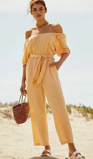 Free People Peach Off-Shoulder Tie-Waist Jumpsuit thumbnail 1