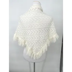 Vintage Shawl Wrap Women OS Ivory Pointelle Knit Fringe Crochet Boho Grannycore thumbnail 4