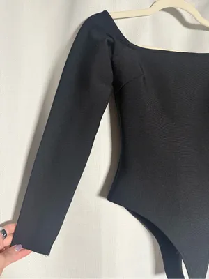 Karen Millen Body Contouring Black Long Sleeve Bardot Knit Thong Bodysuit XS thumbnail 8