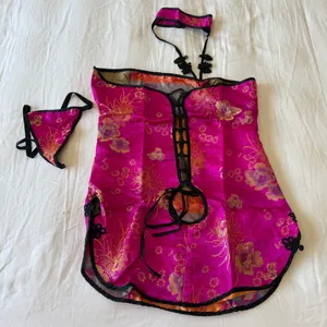 Hot Pink Satin Brocade Halter Top ✧ Chinese Cheongsam Style Lingerie Set ✧ Open Back Lace-Up ✧ XL ✧ Y2K Festival Top + Thong thumbnail 4