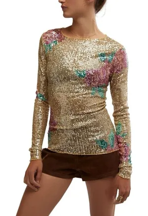 NWT Free People Intimately Gold Rush Champagne Combo Printed‎ Sequin Long Sleeve thumbnail 1
