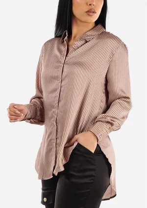 The Workshop Satin Pinstripe Oversized Button Up Shirt Mocha Medium Boyfriend‎ thumbnail 1