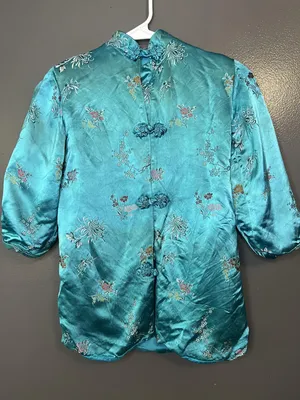 Vintage Great Lion Jacket Womens XS Teal Silk Embroidered Mandarin Hong Kong 60s thumbnail 2