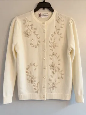 Mademoiselle Cardigan Women 42 US 8 Cream Excellent Vintage Floral Beaded Pearl thumbnail 1