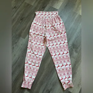 High Waisted Reindeer Christmas Pants Elastic Waist Pockets Red White thumbnail 6