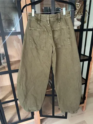 Zara barrel leg jeans pants high rise baggy olive green denim pockets cargo thumbnail 3