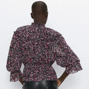 Zara RUFFLED PRINT HIGH COLLAR BLOUSE Black/Pink thumbnail 4