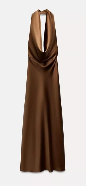 Zara dress gown maxi halter satin plunge neck Brown holiday wedding evening thumbnail 8