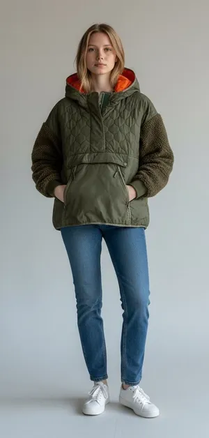 Zara Quilted Sherpa Sleeve Hooded Anorak Pullover Jacket Olive Green‎ XS thumbnail 1