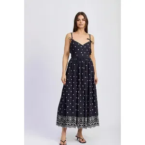 En Saison Womens Midi Dress Size S Navy White Cotton Embroidered Hem Tie-Straps thumbnail 6