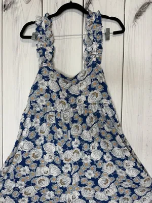 KORI Floral Maxi Jumpsuit Blue White Sleeveless Sz L Ruffle Straps Back Sash Tie thumbnail 2