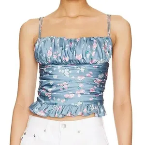 More To Come Floral Ruched Crop Top Womens Small‎ Blue Pink Cottagecore Cami thumbnail 1