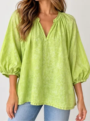 Ro’s Garden Green Floral Peasant Oversized Balloon Sleeve Blouse thumbnail 1