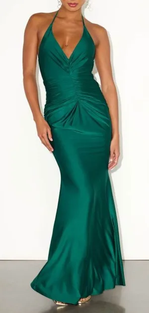 NEW Lulus Zaniya Emerald Green Ruched Halter Open Back Mermaid Maxi Dress XS thumbnail 1