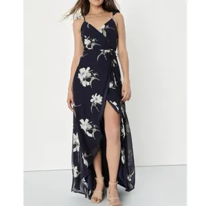 Lulus All Mine Navy Blue Floral Print High-Low‎ Wrap Dress SMALL thumbnail 2