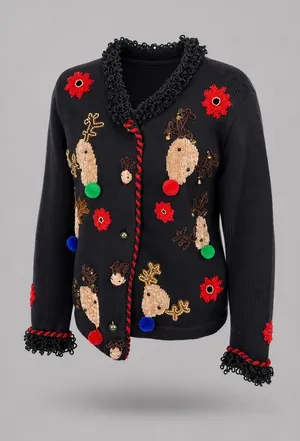 Jack B. Quick Cardigan Sweater Womens Petite Small Black Reindeer Christmas thumbnail 1