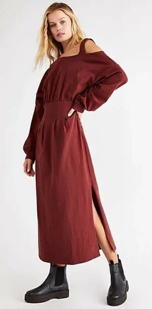 Free People Beach Ibiza Midi Dress‎ Cold Shoulder Long Sleeve Womens Size S thumbnail 1