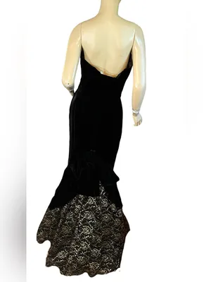 Vintage 1980'S Black Velvet Strapless Mermaid Dress W/Gold Lace Train (M) thumbnail 4