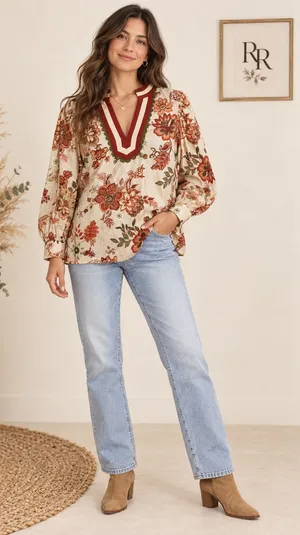 Entro Floral V-Neck Balloon Sleeve Fall Blouse Tan Orange Red Small thumbnail 1