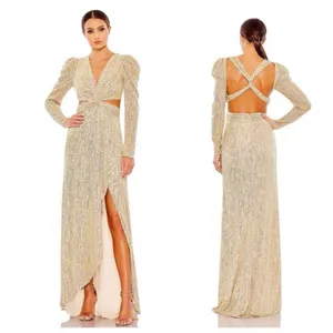 NWT Mac‎ Duggal Metallic Puff Sleeve Front Twist Gown Gold 27050 Sz 8 $298 thumbnail 2