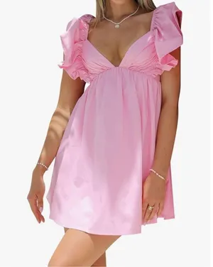 NEW Deep V Neck Ruffle Sleeve Mini Backless Dress L Pink Size L thumbnail 1