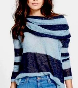 Lulu Rugby Blue Striped Cowl Neck Alpaca Wool Blend Sweater thumbnail 1