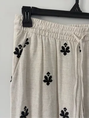 Zara Off White Black Linen Blend Geometric Boho French Countryside Casual Pants thumbnail 2