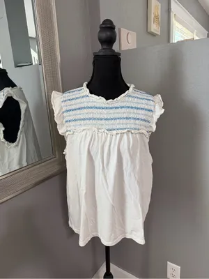 J.Crew smocked ruffle-sleeve embroidered Y2K babydoll cottage-core top large thumbnail 2