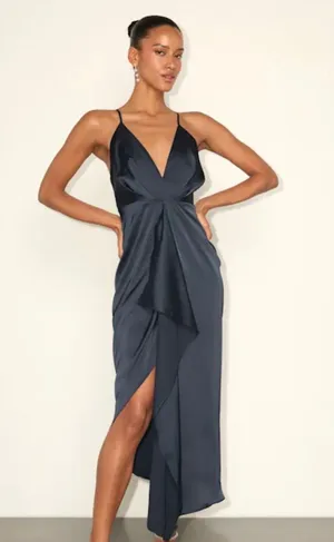 Lulus Navy Blue Satin Ruffled Midi Dress Small thumbnail 1